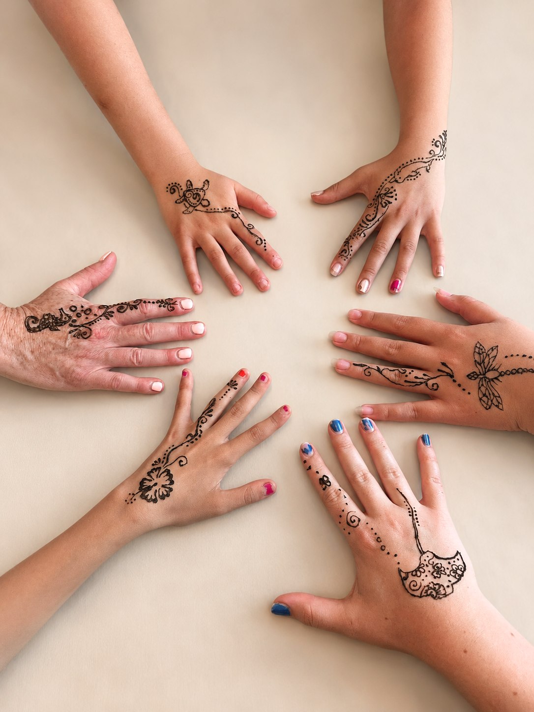 Six guests showing off six different henna designs in a circle