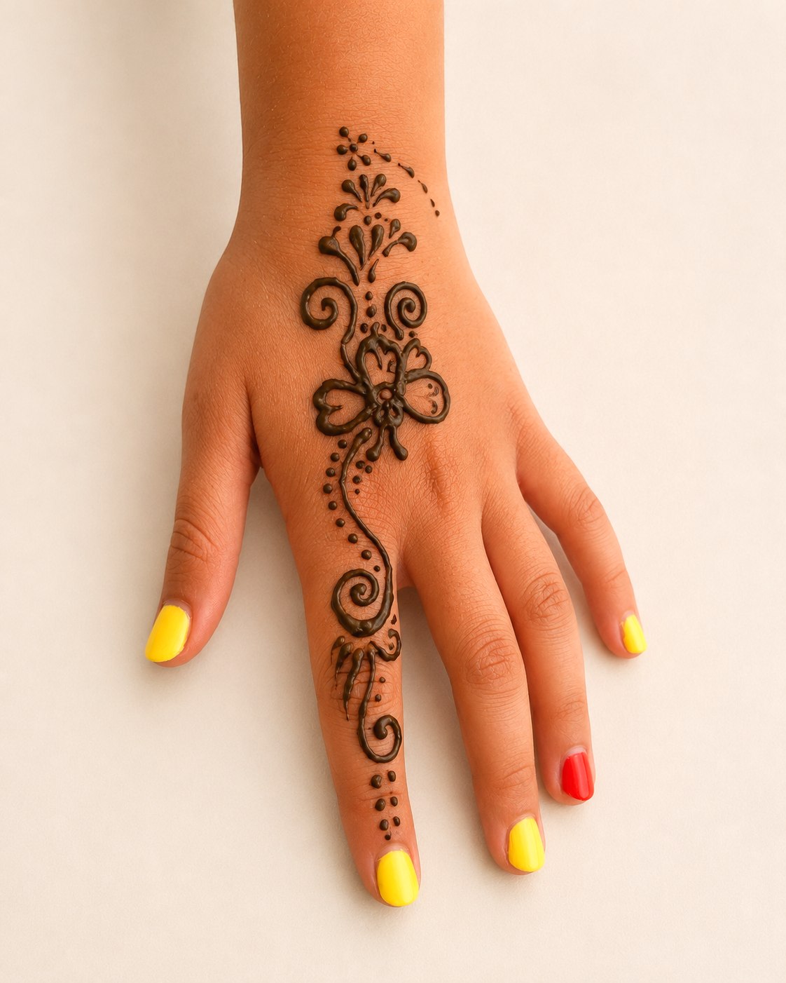 Bee and swirling daisy henna design on the back of the hand