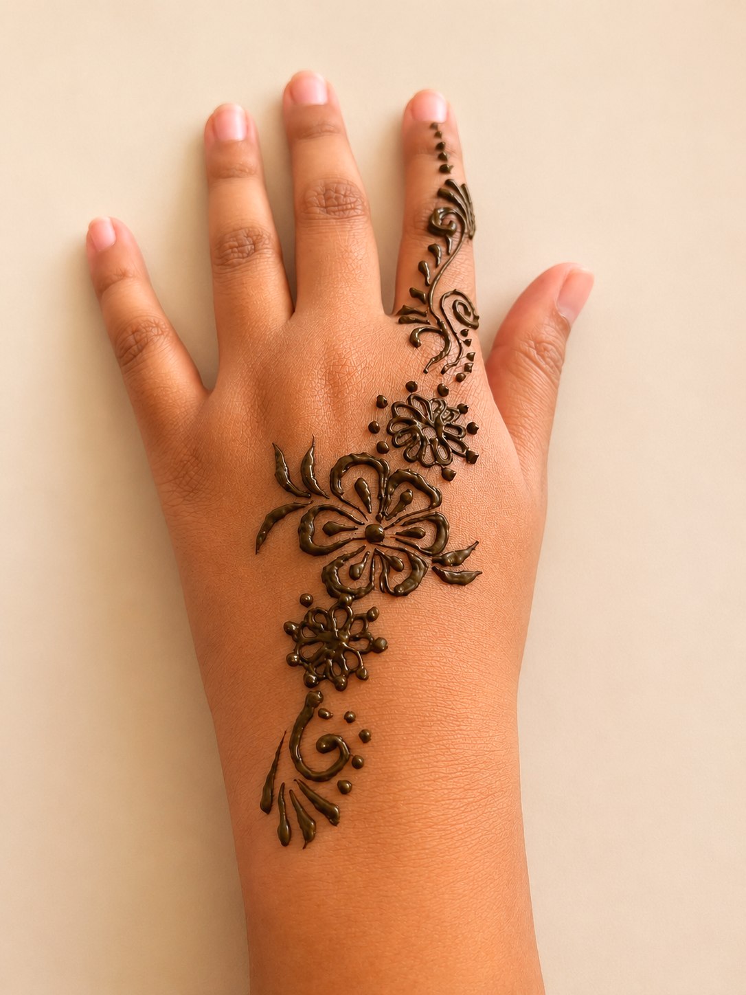 Bold hibiscus henna with a smaller daisy below and a vine up the finger