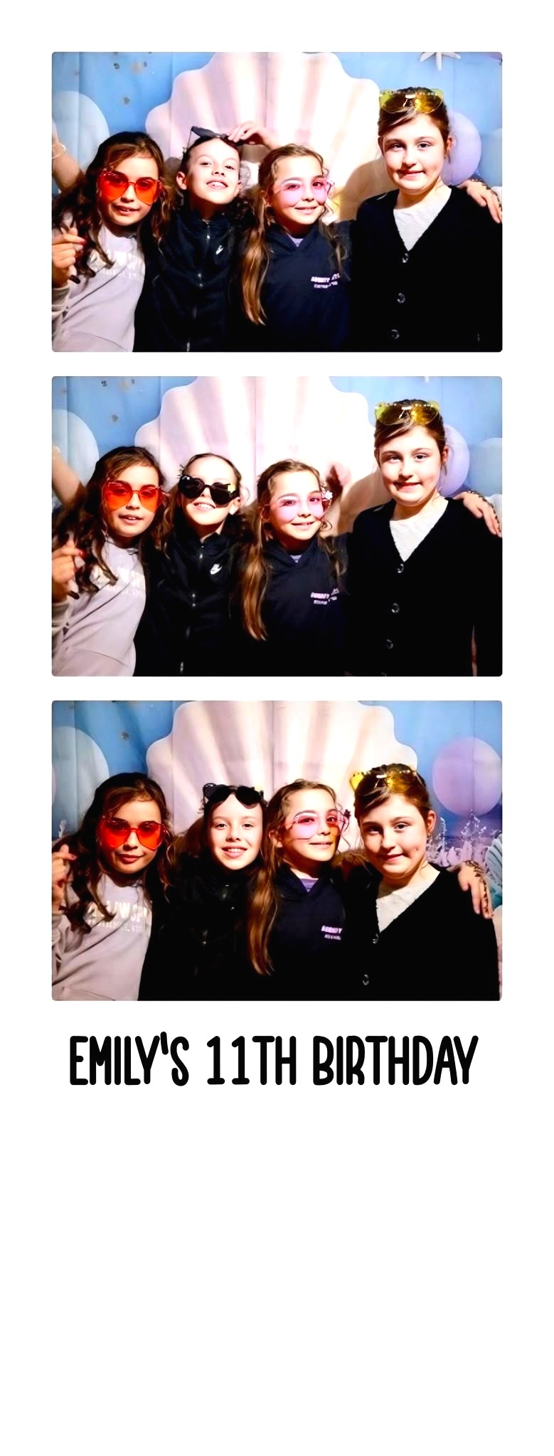 Photo booth strip — four girls in sunglasses pulling funny faces, Emily's 11th birthday